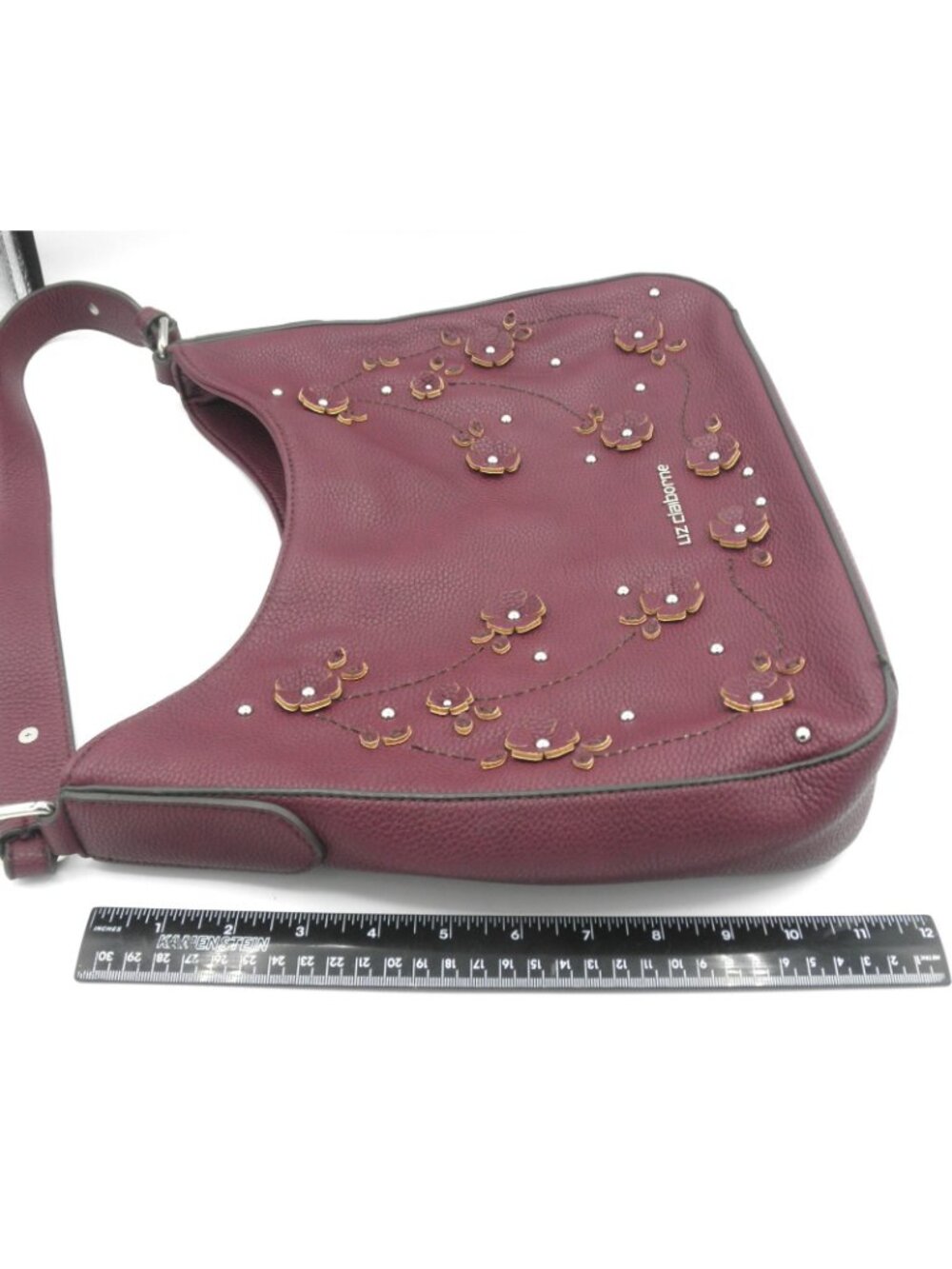 Vintage Liz Claiborne Faux Leather Merlot Claret Shoulder Bag 3D applied Flowers - Picture 9 of 16